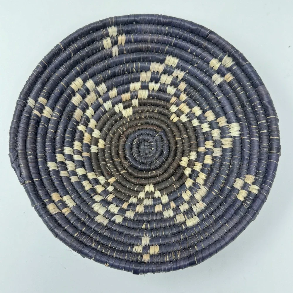 Vintage Handwoven Coiled Basket Bowl Black & Natural Tribal Woven 9